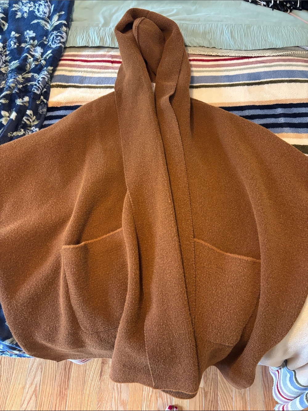 Free People Brown Hooded Open-Front Cape with Pockets